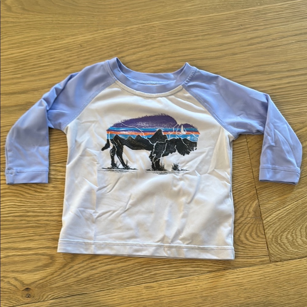 Kids Raglan Shirt with Bison Print - Blue and White